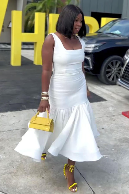 Square Neck Sleeveless Daily Solid Fishtail Midi Dresses-White [Pre Order]