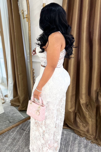Cami Crop Top Guipure Lace Wide Leg Pants Party 2pcs Set-White [Pre Order]
