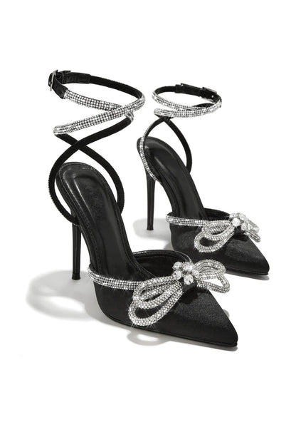 Glittering Rhinestone Bow Decor Pointed Toe Party Stiletto Heels-Black
