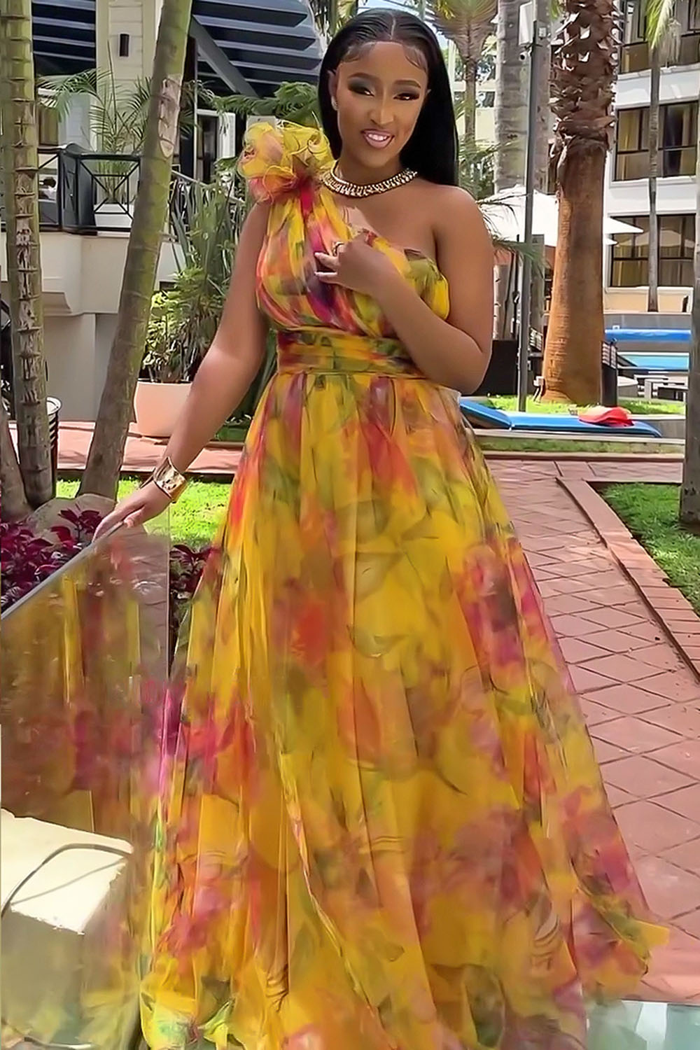 One Shoulder Rosette Floral Print Mesh Party Maxi Dresses-Fuchsia [Pre Order]