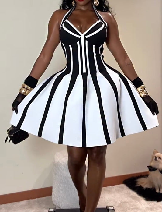 Elegant Sexy Black and White Contrast Color Striped Backless Halter Dinner Dress