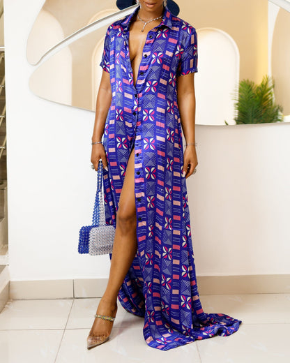 Women's Long Casual Print Short Sleeve Maxi Dress