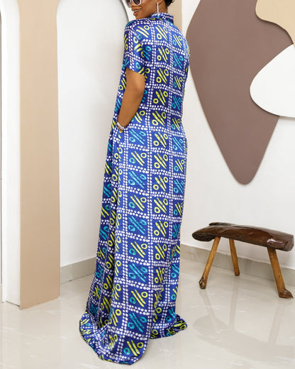 Women's Casual Print V Neck Maxi Dress Kaftan