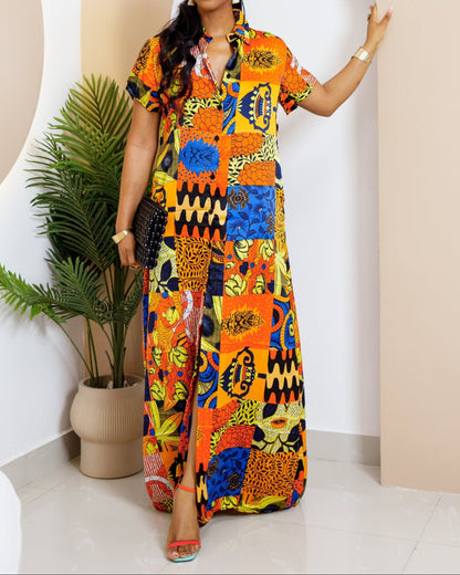 Women's Casual Print Short Sleeve Kaftan Maxi Dress