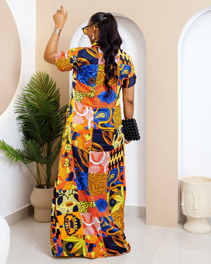 Women's Casual Print Short Sleeve Kaftan Maxi Dress