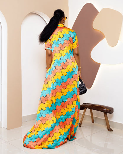 Women's Casual Print Short Sleeve Kaftan Maxi Dress