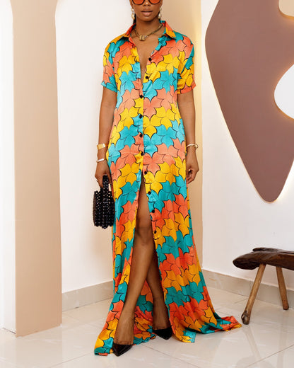 Women's Casual Print Short Sleeve Kaftan Maxi Dress