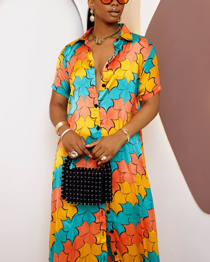 Women's Casual Print Short Sleeve Kaftan Maxi Dress