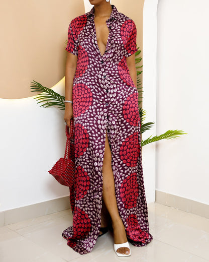 Women's Casual Print Short Sleeve Kaftan Maxi Dress