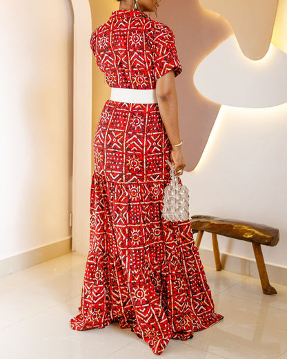 Women's Casual Print Short Sleeve Kaftan Maxi Dress