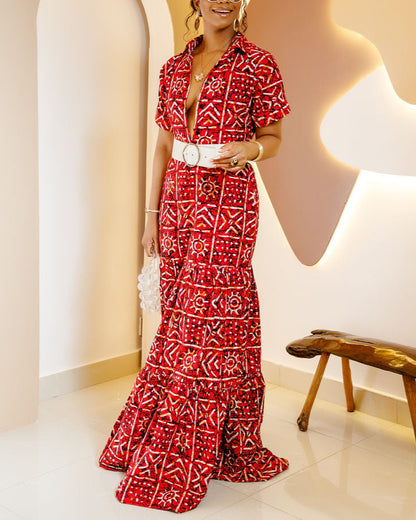 Women's Casual Print Short Sleeve Kaftan Maxi Dress