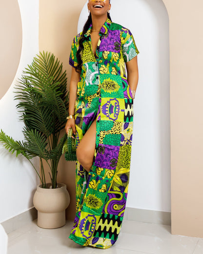 Women's Casual Print Button Kaftan Maxi Dress