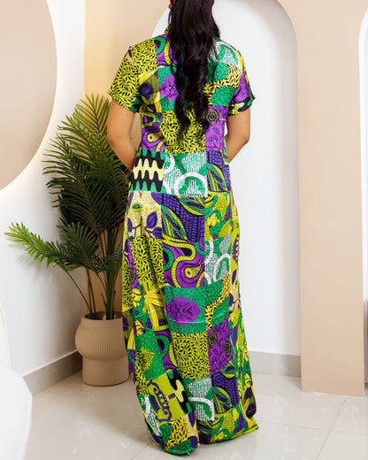 Women's Casual Print Button Kaftan Maxi Dress