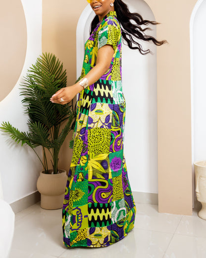 Women's Casual Print Button Kaftan Maxi Dress