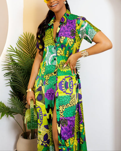 Women's Casual Print Button Kaftan Maxi Dress