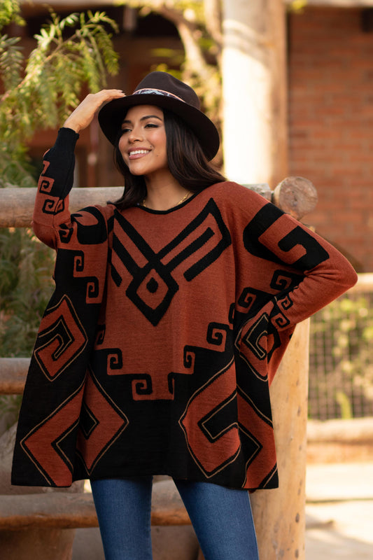 Inca Contrast Black and Russet Alpaca Blend Poncho