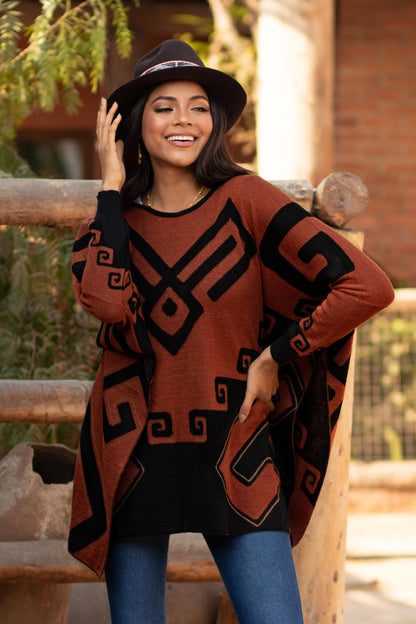 Inca Contrast Black and Russet Alpaca Blend Poncho