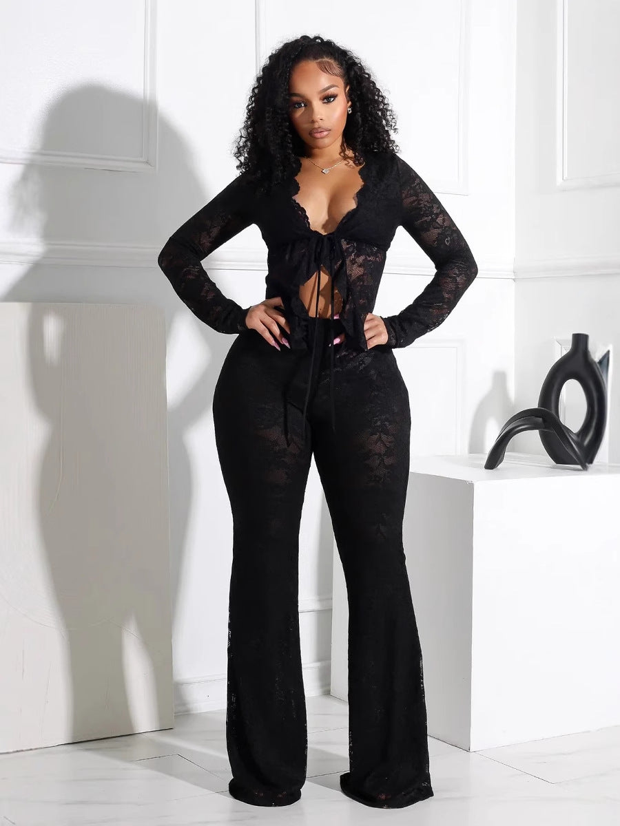 Jacquard Ruffle V Neck Top Flare Leg Pants Elegant 2pcs Set-Red [Pre Order]