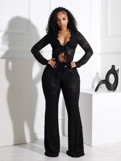 Jacquard Ruffle V Neck Top Flare Leg Pants Elegant 2pcs Set-Red [Pre Order]