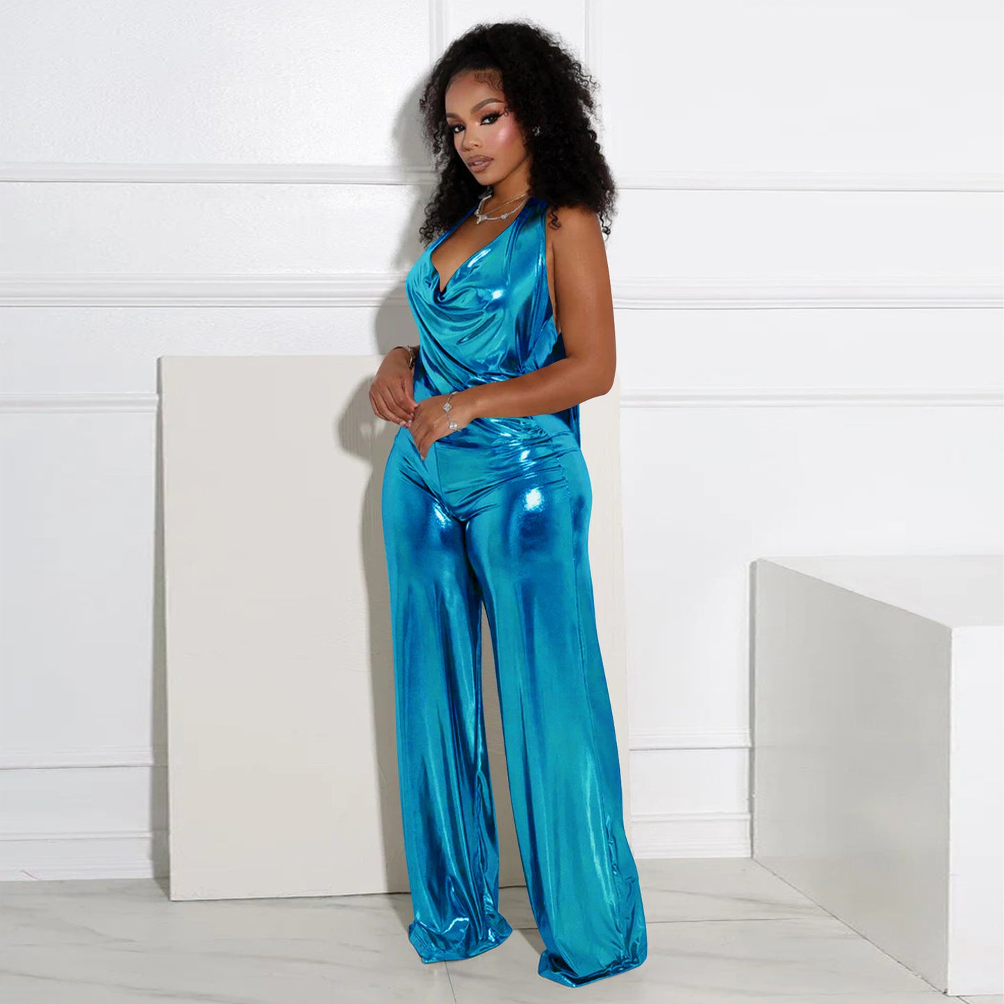 Halter Backless Wrinkle Metallic Party Wide Leg Jumpsuit-Silver [In stock]