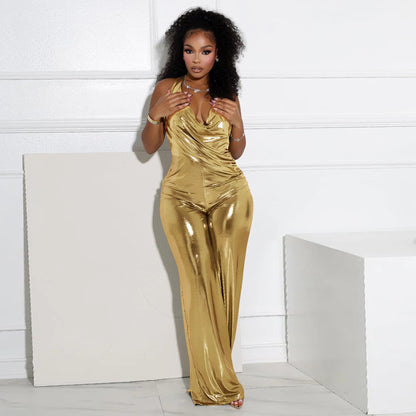 Halter Backless Wrinkle Metallic Party Wide Leg Jumpsuit-Silver [In stock]
