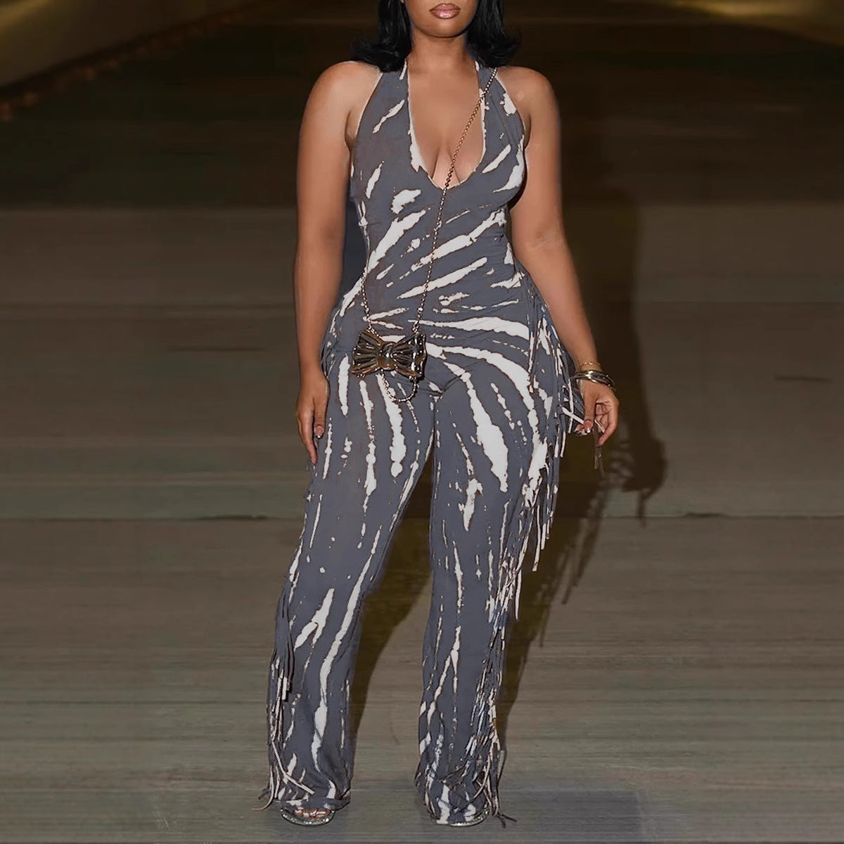 Halter U Neck Tie Dye Print Fringe Daily Wide Leg Jumpsuit [In Stock]