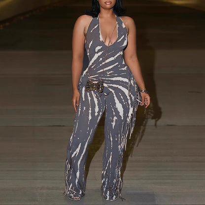 Halter U Neck Tie Dye Print Fringe Daily Wide Leg Jumpsuit [In Stock]