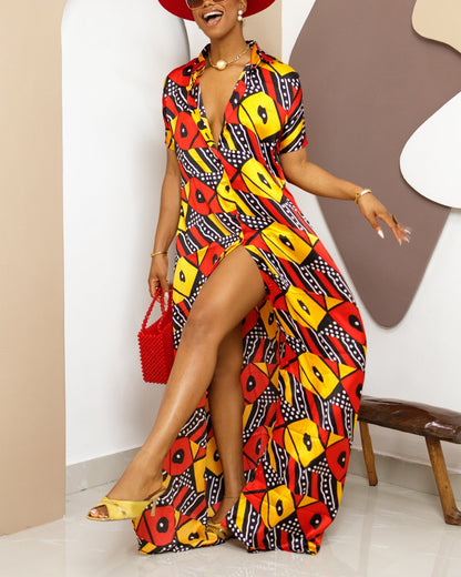 Women's Casual Print V Neck Kaftan Maxi Dress