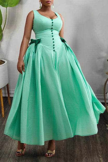 Cute Single Breasted Bow Pleated Suspender Maxi Dress