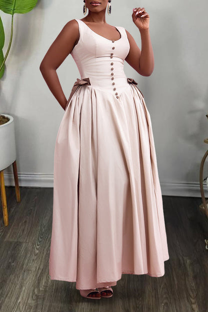Cute Single Breasted Bow Pleated Suspender Maxi Dress