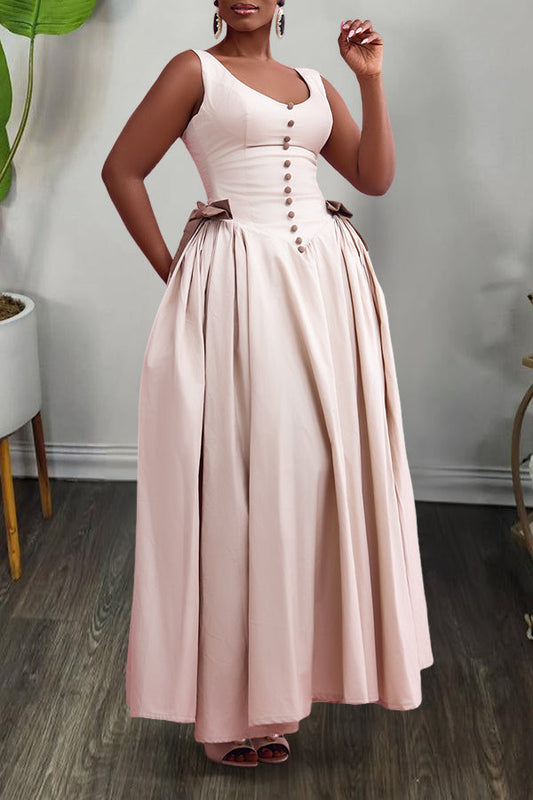 Cute Single Breasted Bow Pleated Suspender Maxi Dress