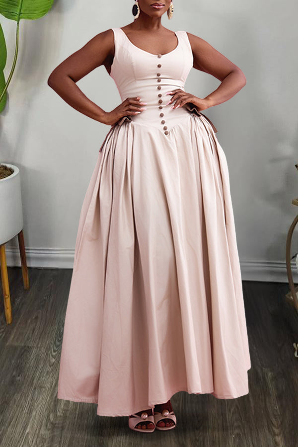 Cute Single Breasted Bow Pleated Suspender Maxi Dress