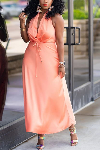 Stunning Halter Neck Sleeveless Belted Maxi Dress