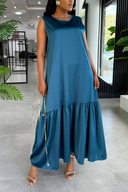 Comfortable Ruffle Hem Satin Sleeveless Maxi Dress