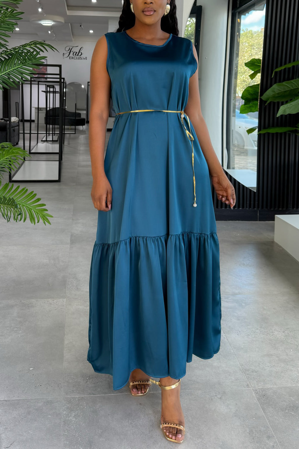 Comfortable Ruffle Hem Satin Sleeveless Maxi Dress
