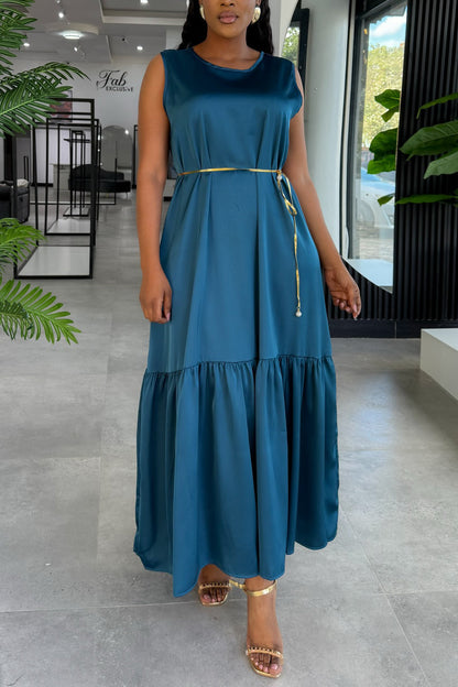 Comfortable Ruffle Hem Satin Sleeveless Maxi Dress