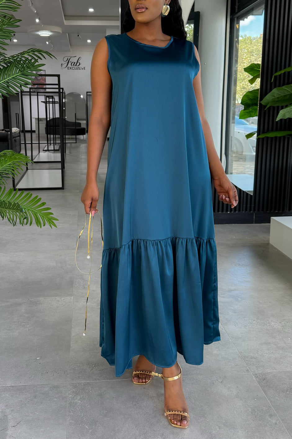 Comfortable Ruffle Hem Satin Sleeveless Maxi Dress
