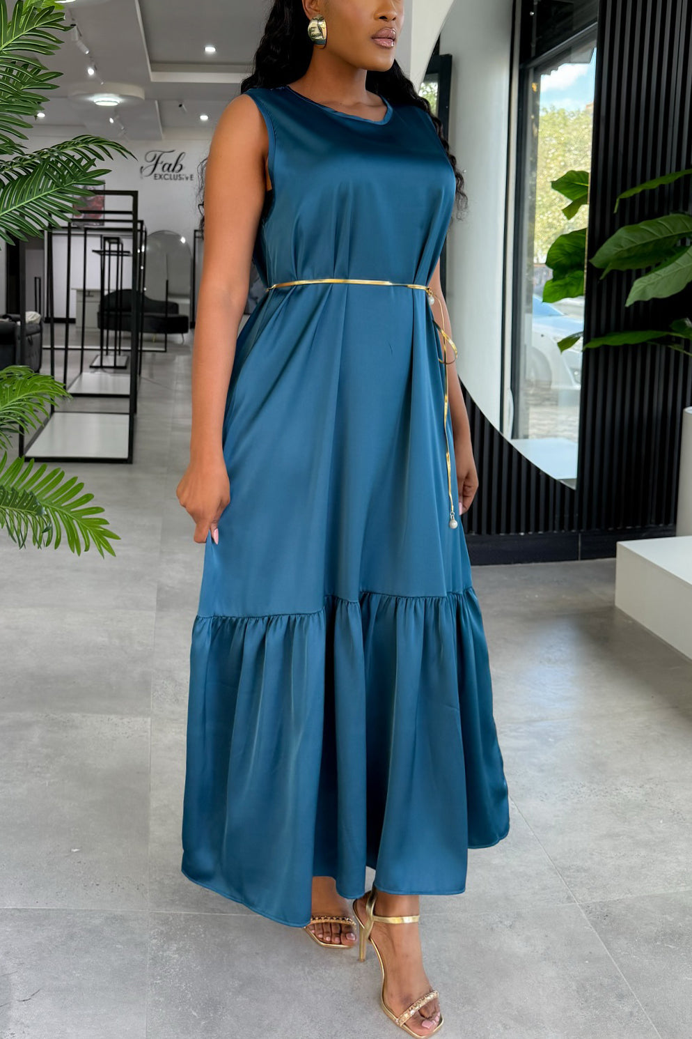 Comfortable Ruffle Hem Satin Sleeveless Maxi Dress