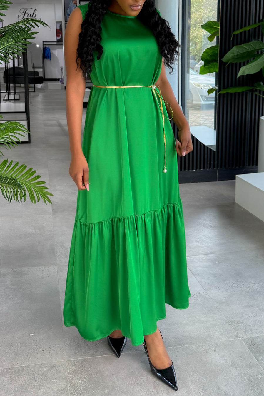 Comfortable Ruffle Hem Satin Sleeveless Maxi Dress