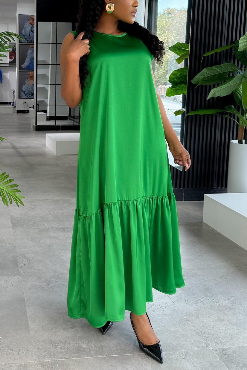 Comfortable Ruffle Hem Satin Sleeveless Maxi Dress