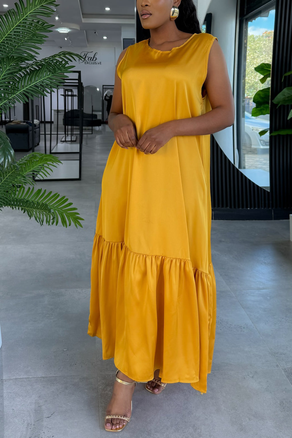 Comfortable Ruffle Hem Satin Sleeveless Maxi Dress