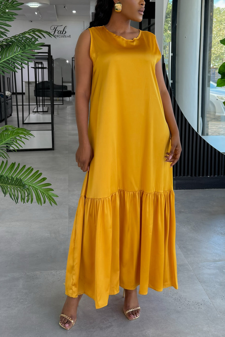 Comfortable Ruffle Hem Satin Sleeveless Maxi Dress