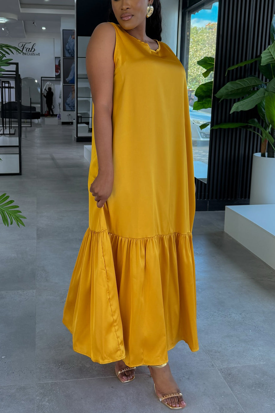Comfortable Ruffle Hem Satin Sleeveless Maxi Dress