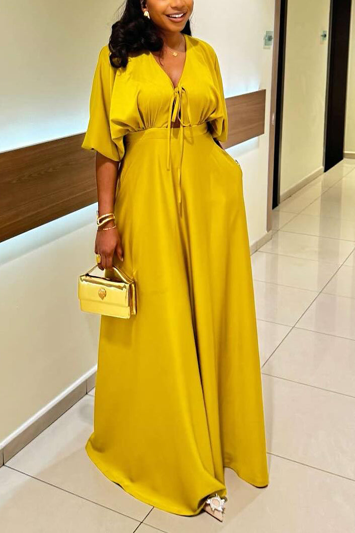 Luxury Deep V-neck Tie Bust Satin Maxi Dress