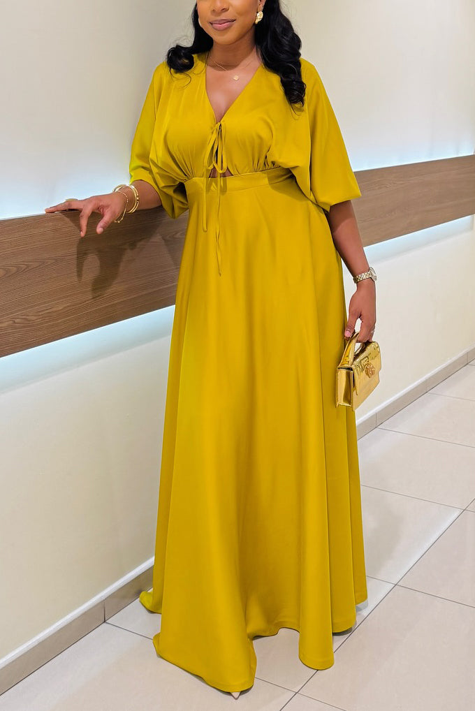 Luxury Deep V-neck Tie Bust Satin Maxi Dress