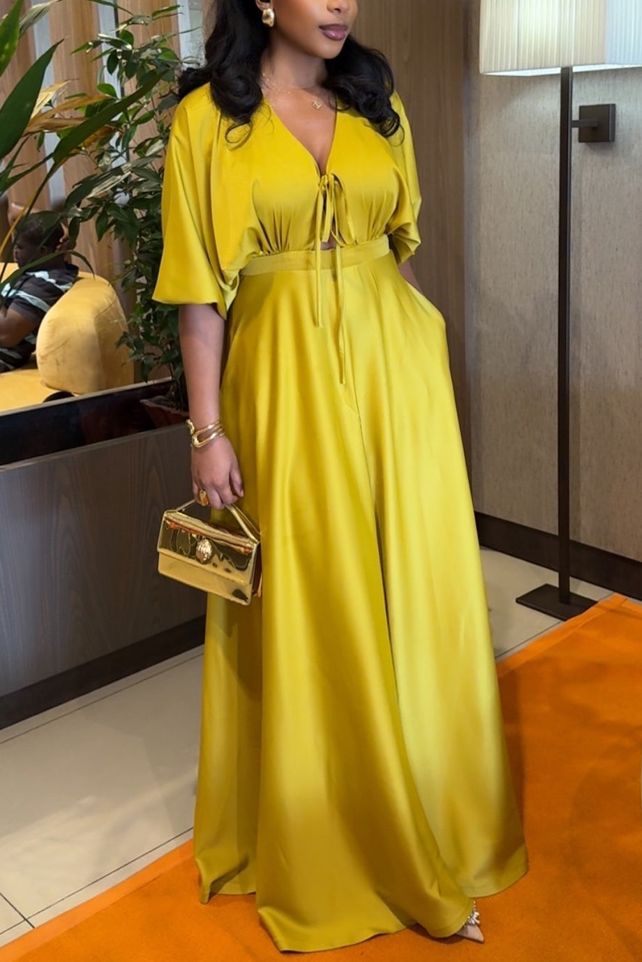 Luxury Deep V-neck Tie Bust Satin Maxi Dress