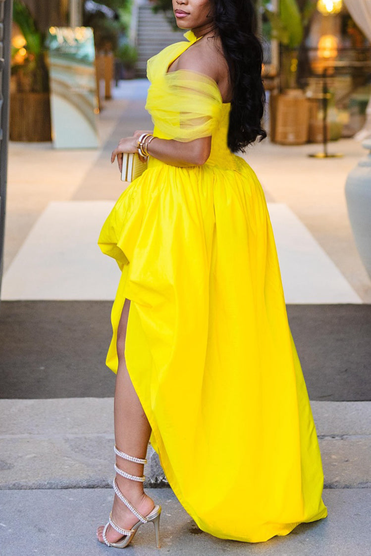 Bright Halterneck Tulle Irregular Pleated Hem Maxi Dress
