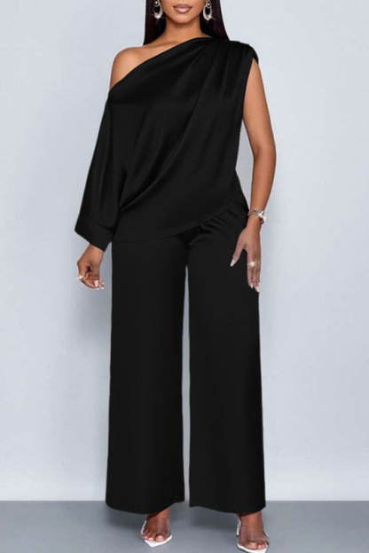 Elegant Satin Oblique Neck Top & Pants Set