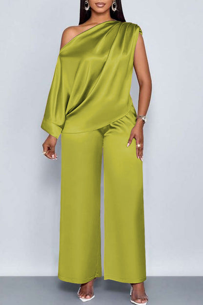 Elegant Satin Oblique Neck Top & Pants Set
