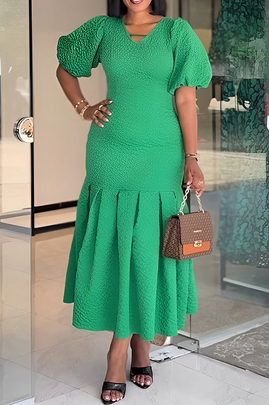 Chic V-Neck Puff Sleeve Pleated Dress